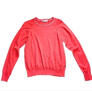 FIG sweater women's size large deep tangerine color with white trim on colar